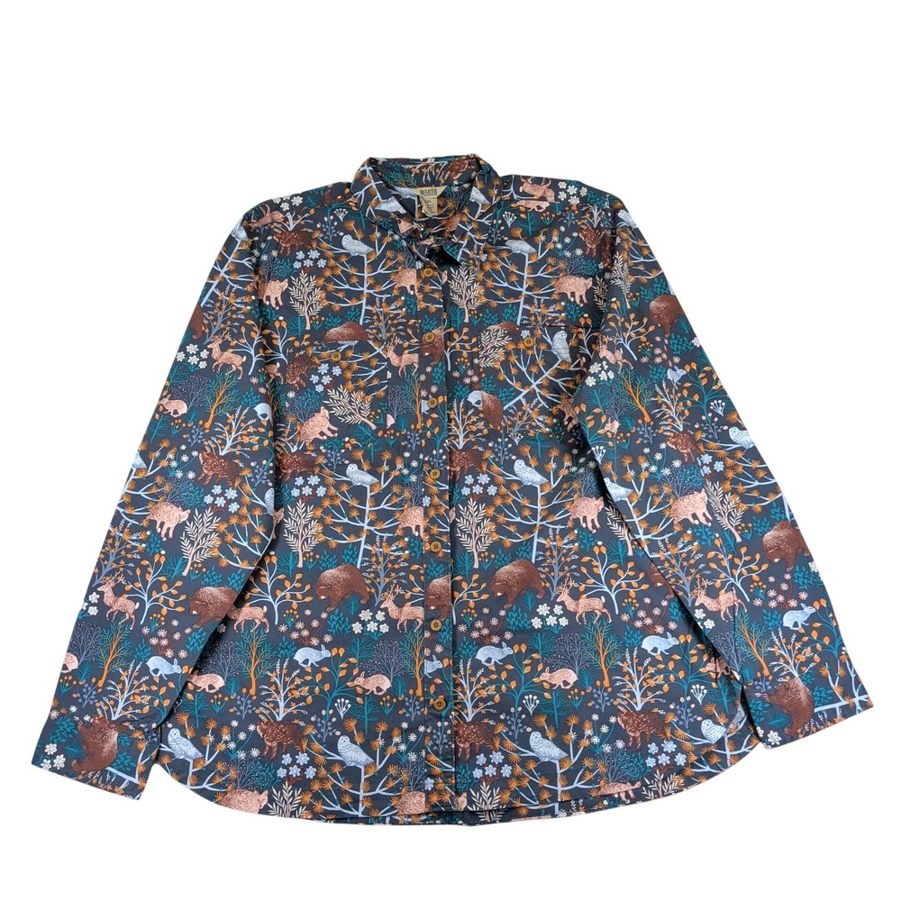 Duluth Trading Printmaker Poplin Button Up Shirt Woodland Animal XXL Blue 13607